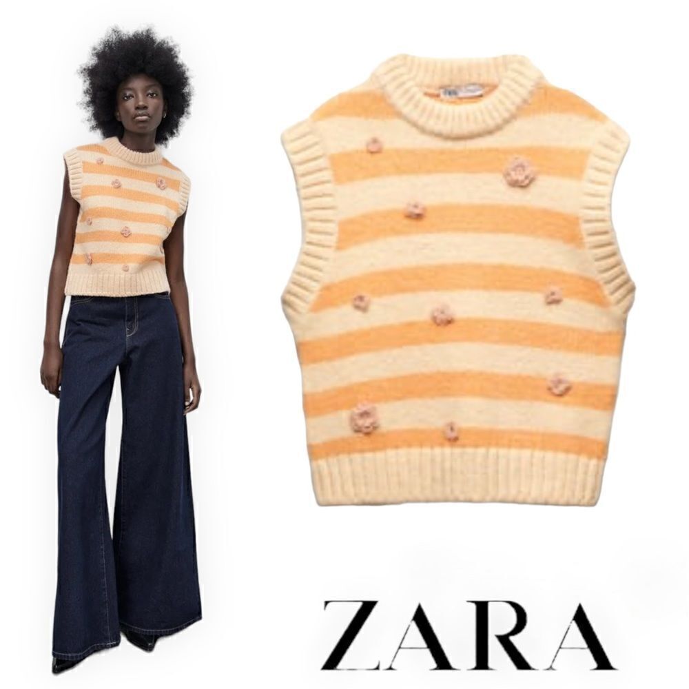 ZARA Orange Cream Striped Floral Knit Vest NWT Size L Textured Sweater Vest - Picture 8 of 9